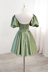 A Line Green Puffy Sleeve Satin Short Semi Formal Prom Dress Homecoming Dress